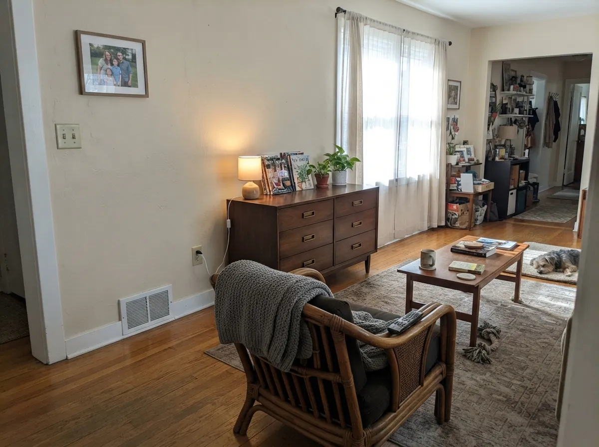 Natural Choice on living room walls with oak floors and brass hardware.