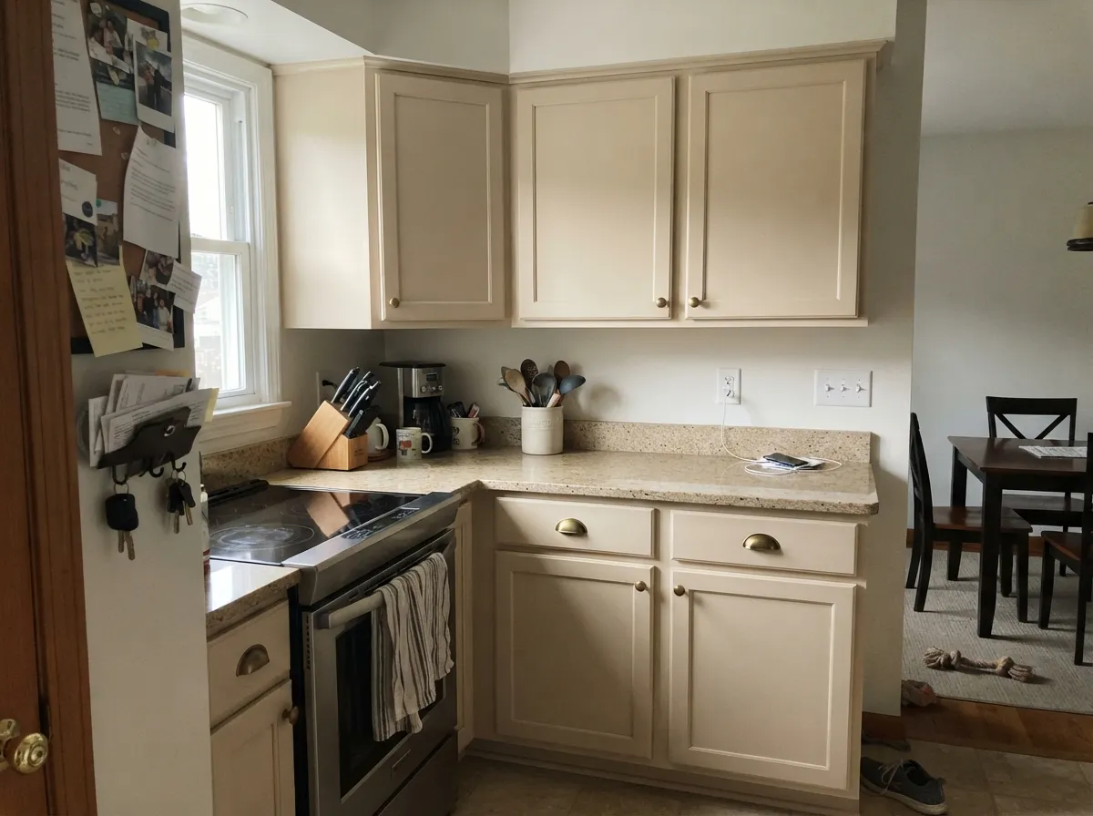 Natural Choice on satin kitchen cabinets with warm granite countertops.