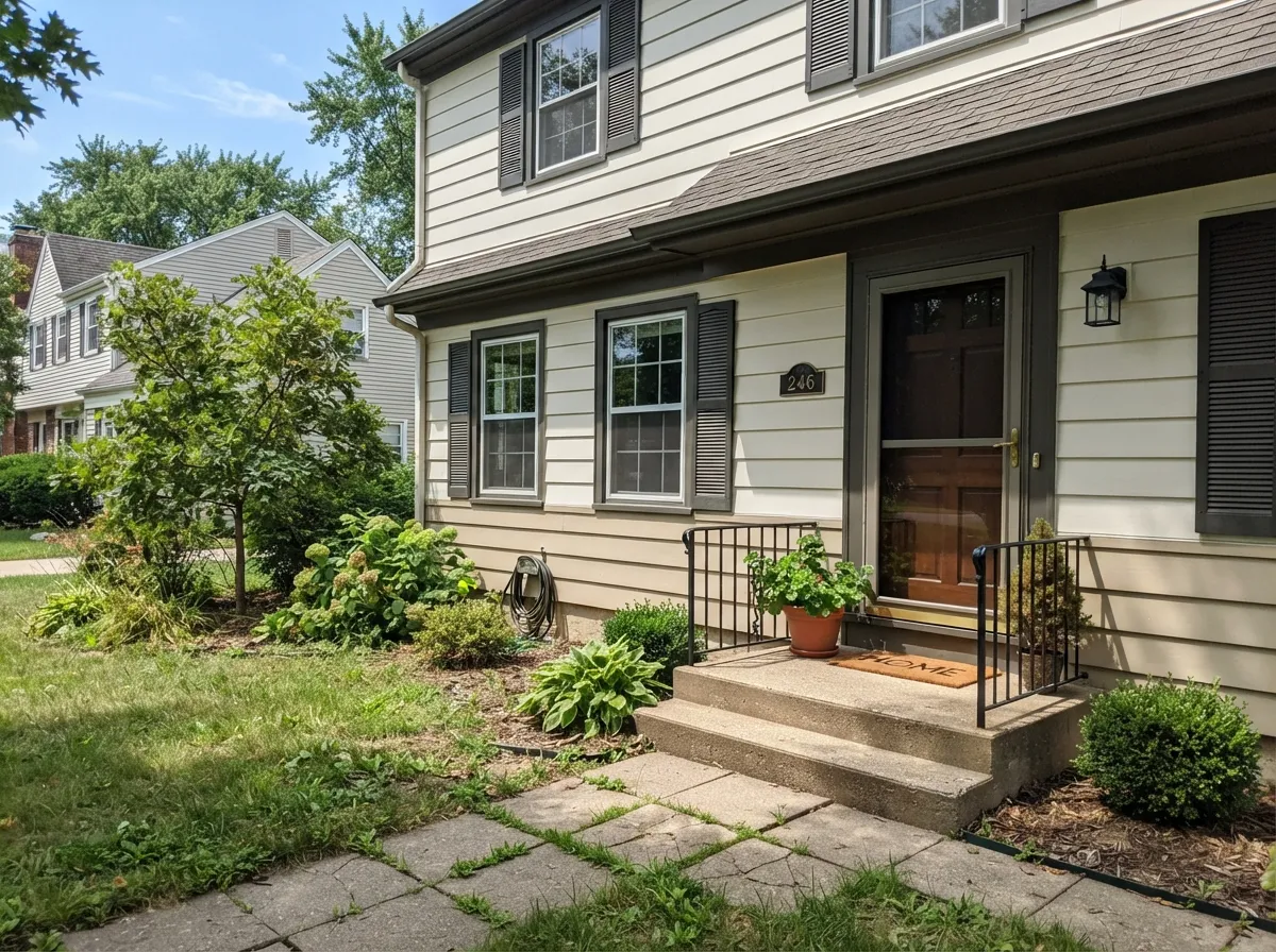 Natural Choice exterior siding with dark charcoal trim and shutters in full sun.
