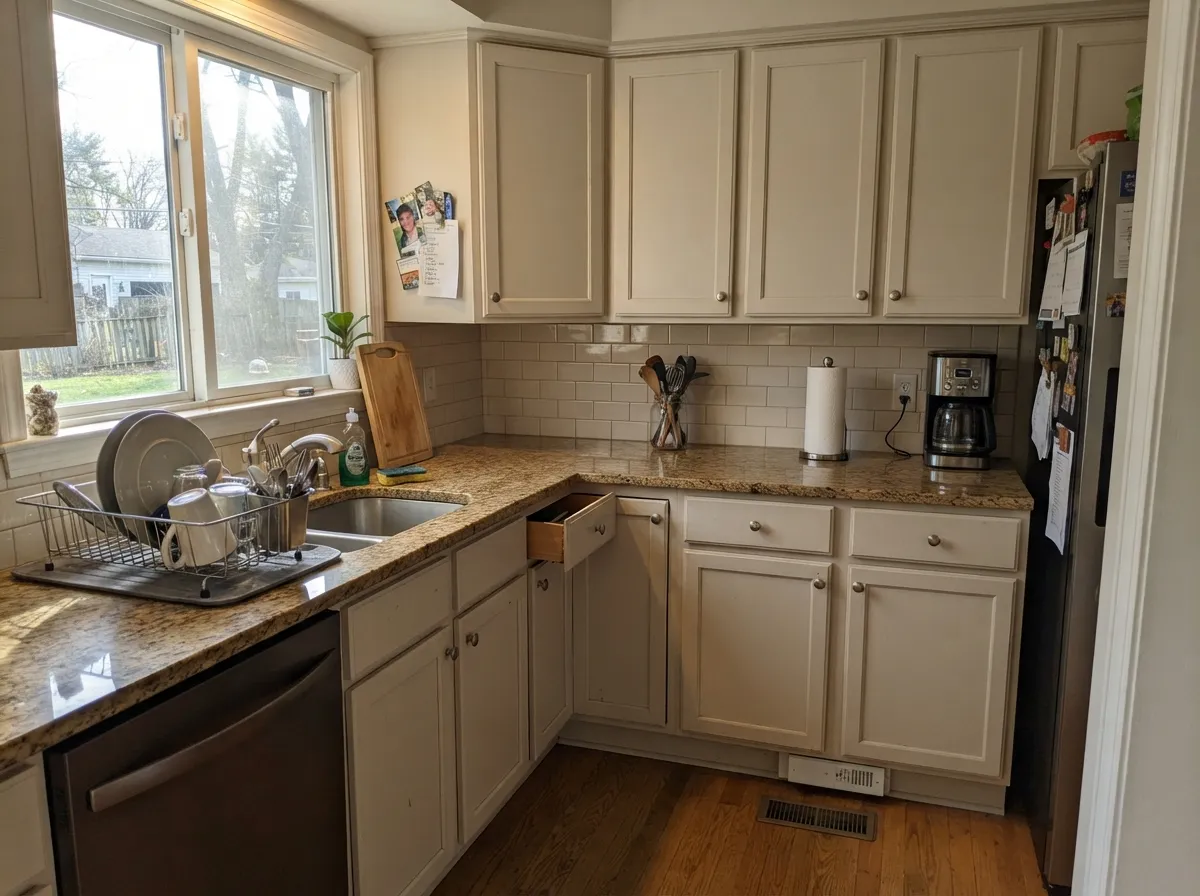 On cabinets it looks settled rather than crisp, and the softness hides the handprints a stark white would show around every pull.