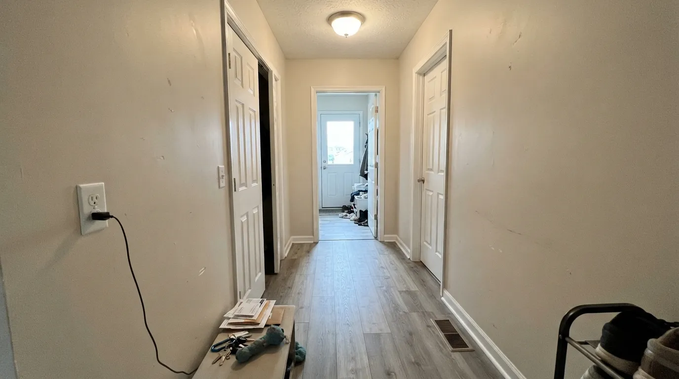The honest shot: bright white trim and gray flooring at the same time, and the walls immediately read tan and dirty — the exact complaint people post about this color.