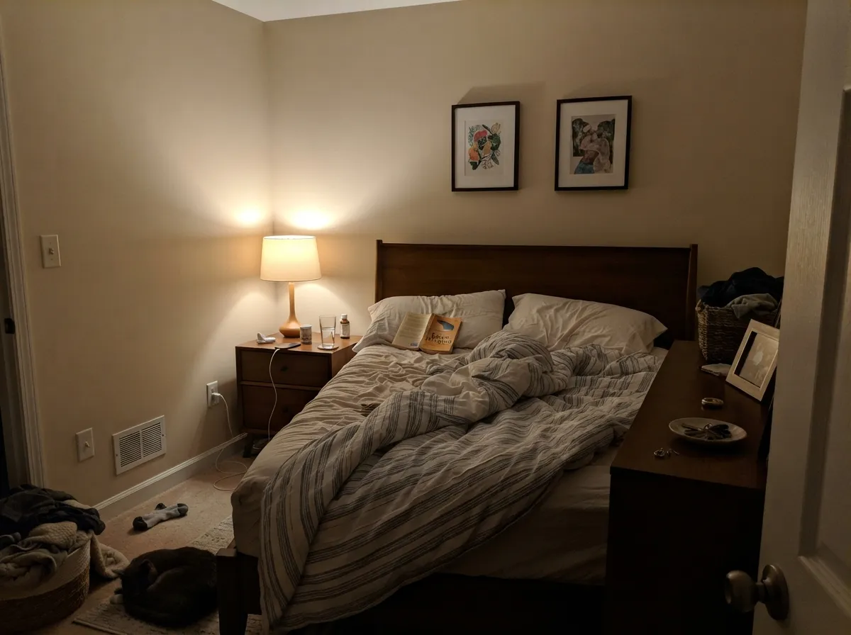 Natural Linen walls warming into sand tones under lamplight at night.