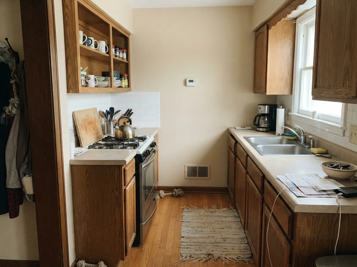 Natural Linen kitchen walls above stained oak cabinets.