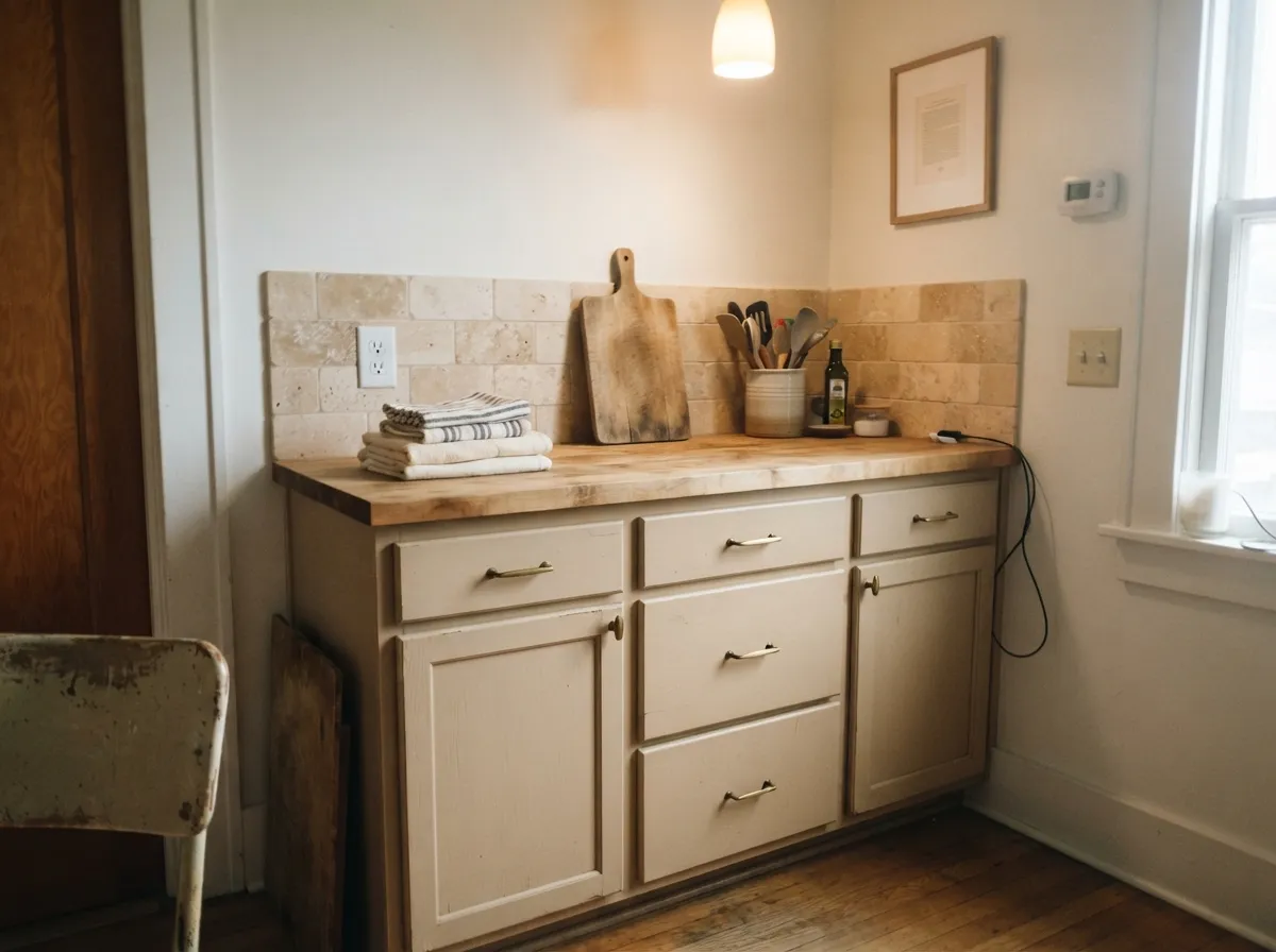Natural Linen cabinets with butcher block counter and brass hardware.