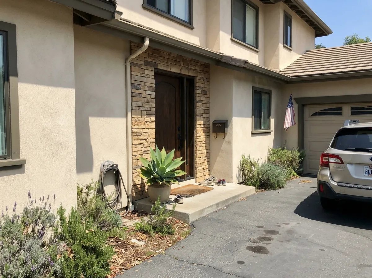 Natural Linen stucco exterior with warm stone accents and dark trim.