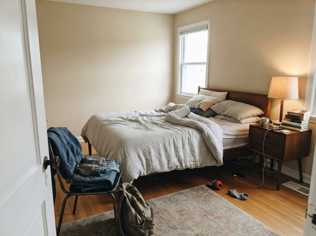 In morning light the walls read as soft sand rather than tan — this is the color at its calmest.