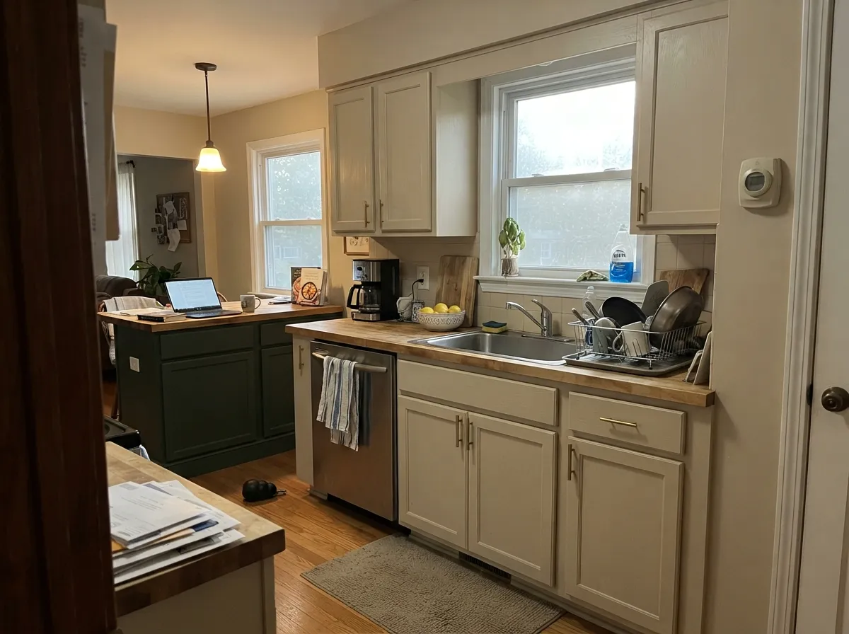 On cabinets the sandy finish sits easily with wood and brass, and the green island stops the room from going all one temperature.