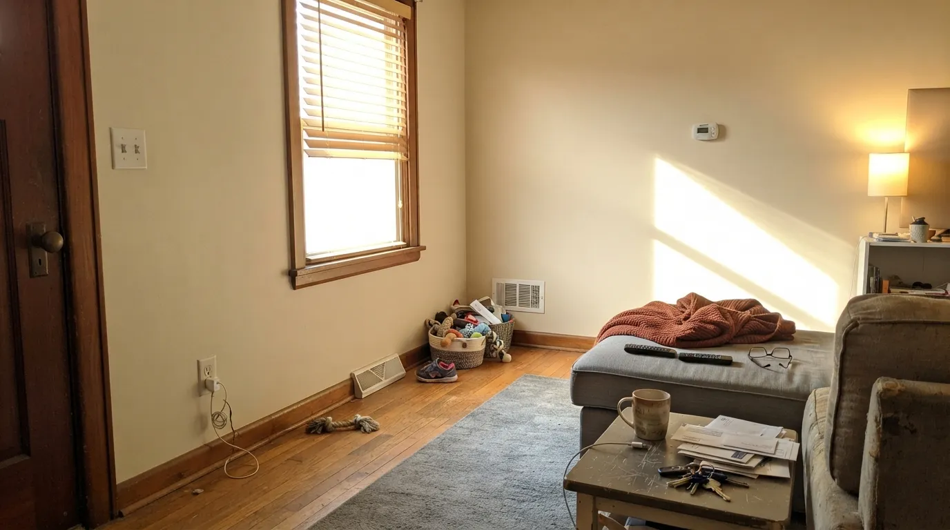 The honest shot: late west sun pushes Natural Linen to a yellow-tan for a couple of hours, and the gray rug underneath makes it worse.