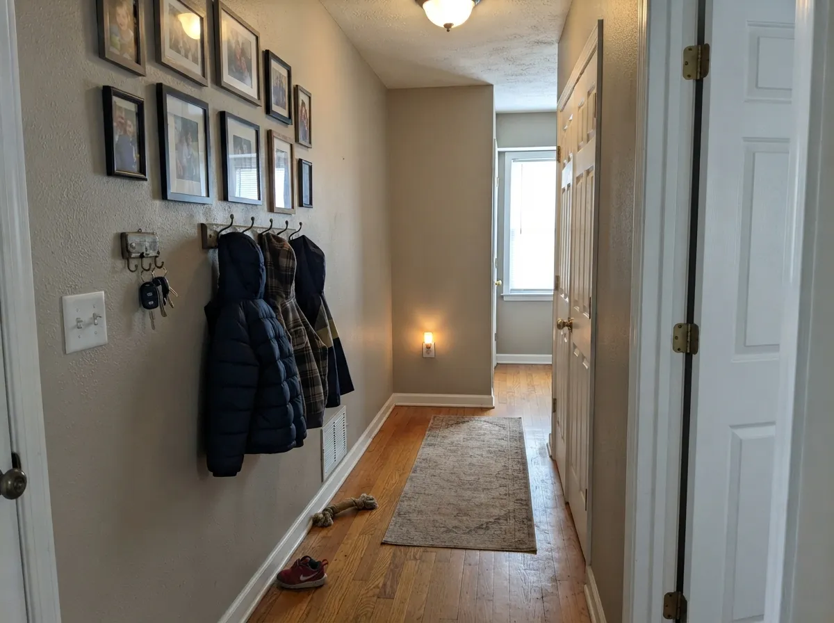 The whole-house test: hallways are where Natural Tan earns its keep, carrying room to room at LRV 65 without clashing.