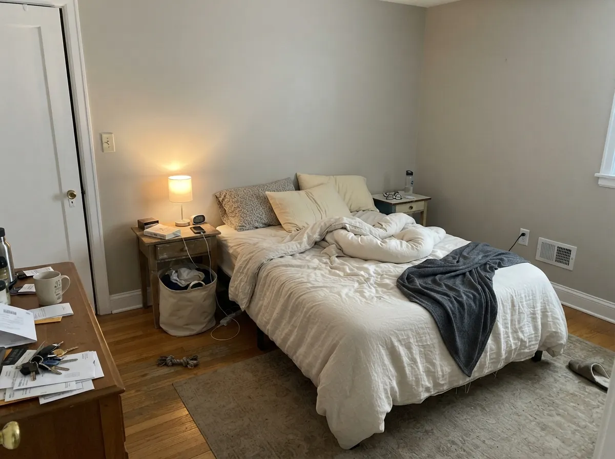 In a morning-lit bedroom the tan stays soft — no honey yellow, no cold gray — the restful whole-house read.