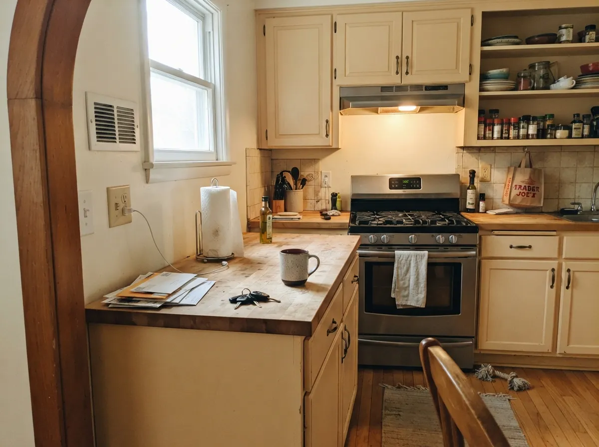 On cabinets with butcher block and brass it looks custom, not dated — the pairing this color was built for.