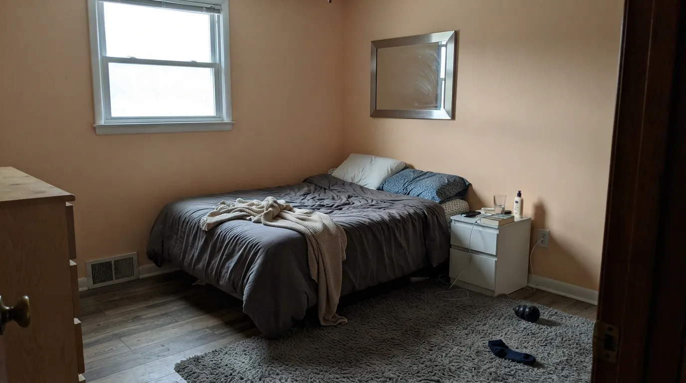 The honest shot: cool north light and cool grey materials push the peachy cream toward orange — the exact combination behind the "looks dated" complaints.