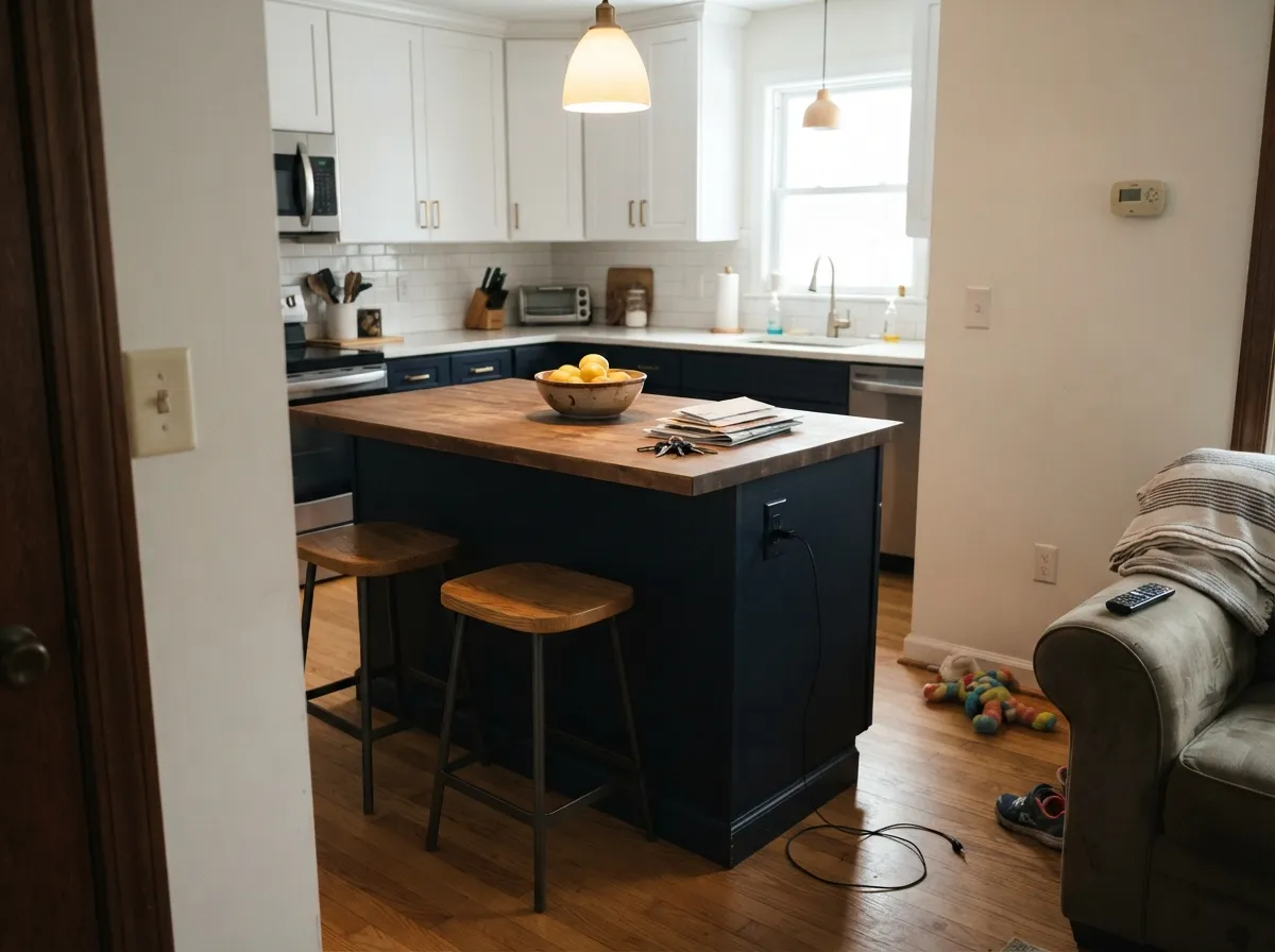 Naval on a kitchen island with white uppers and oak stools.