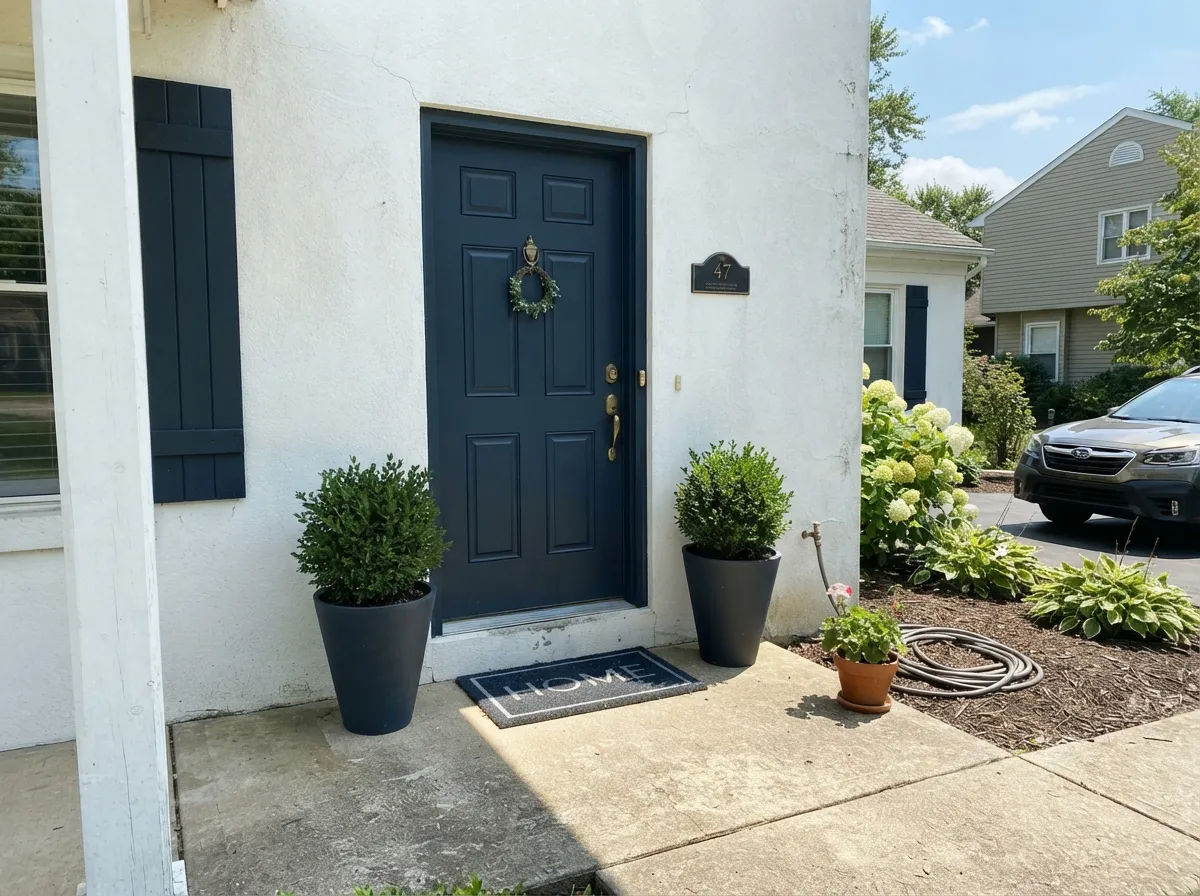 Naval front door and shutters on a white stucco facade.