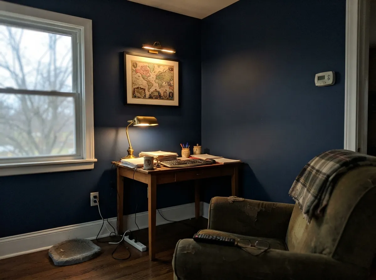Naval walls and trim in a study lit by layered lamps.
