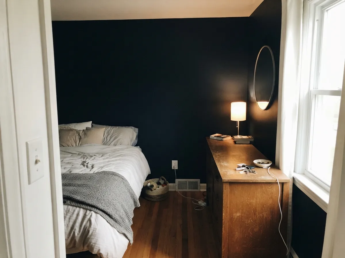 Naval bedroom walls lit by daylight through a large window.