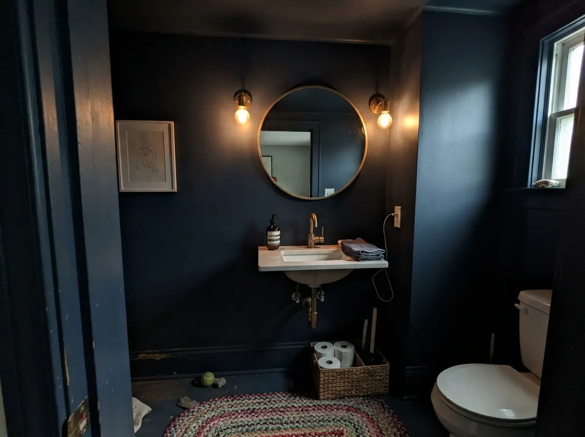 Naval walls, ceiling, and trim in a powder room with brass fixtures.