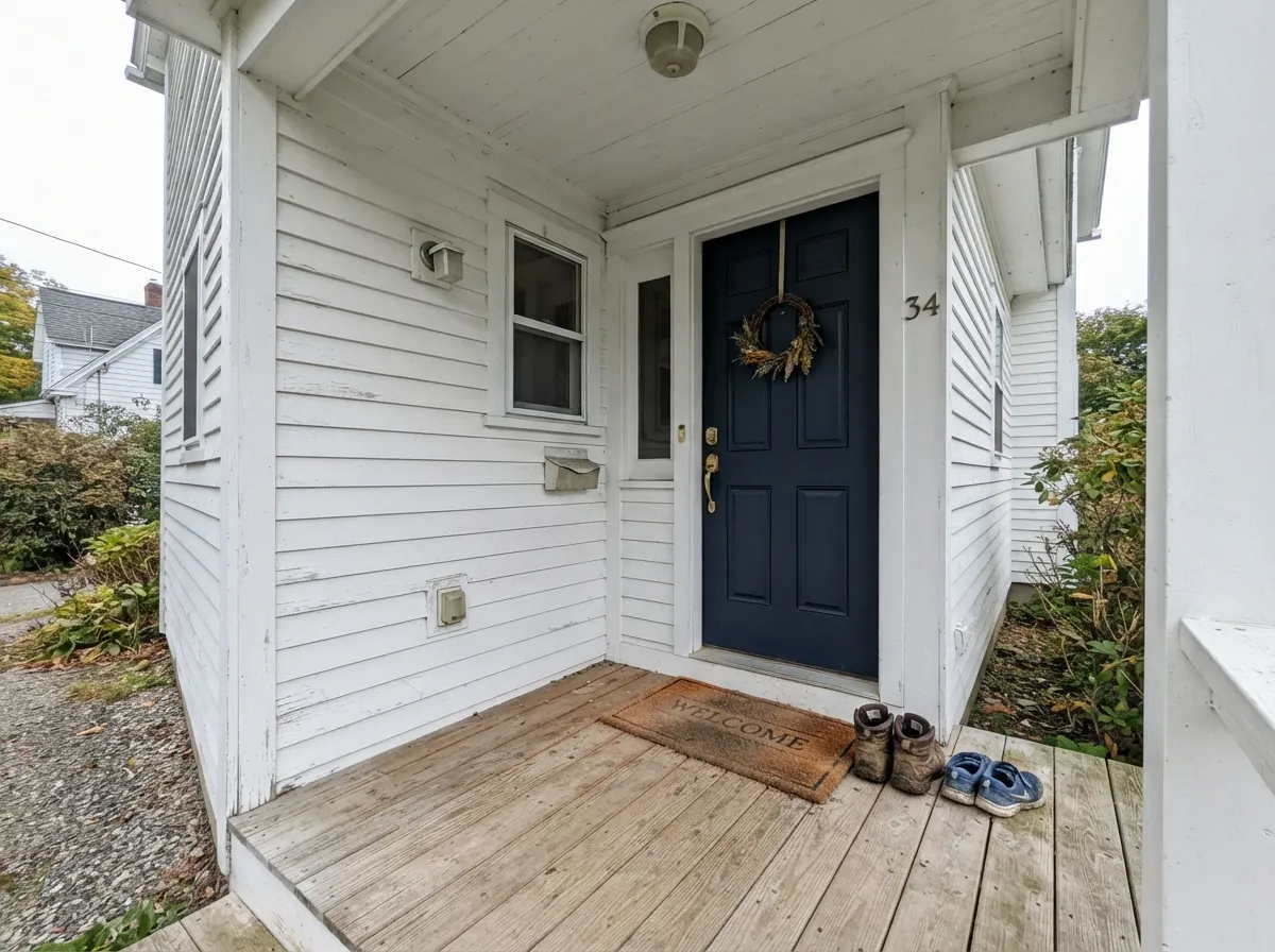 Morning sun on the door is where the blue reads loudest — the same door under a gray sky sits much closer to black.