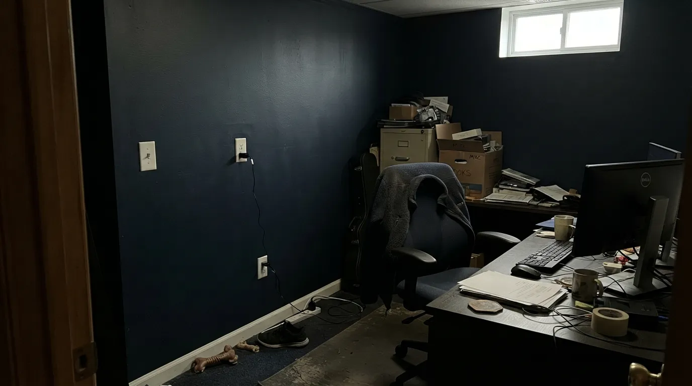 The honest shot: with one small window and no lamps, Naval stops being blue and becomes a flat black wall.
