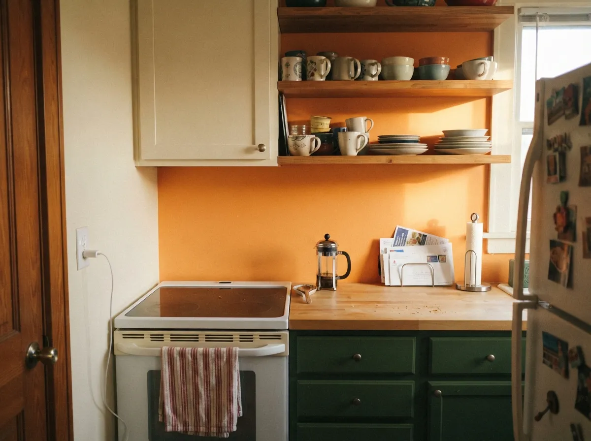 Behind open shelving the orange only shows in the gaps — enough to change the room, small enough that the dishes still win.