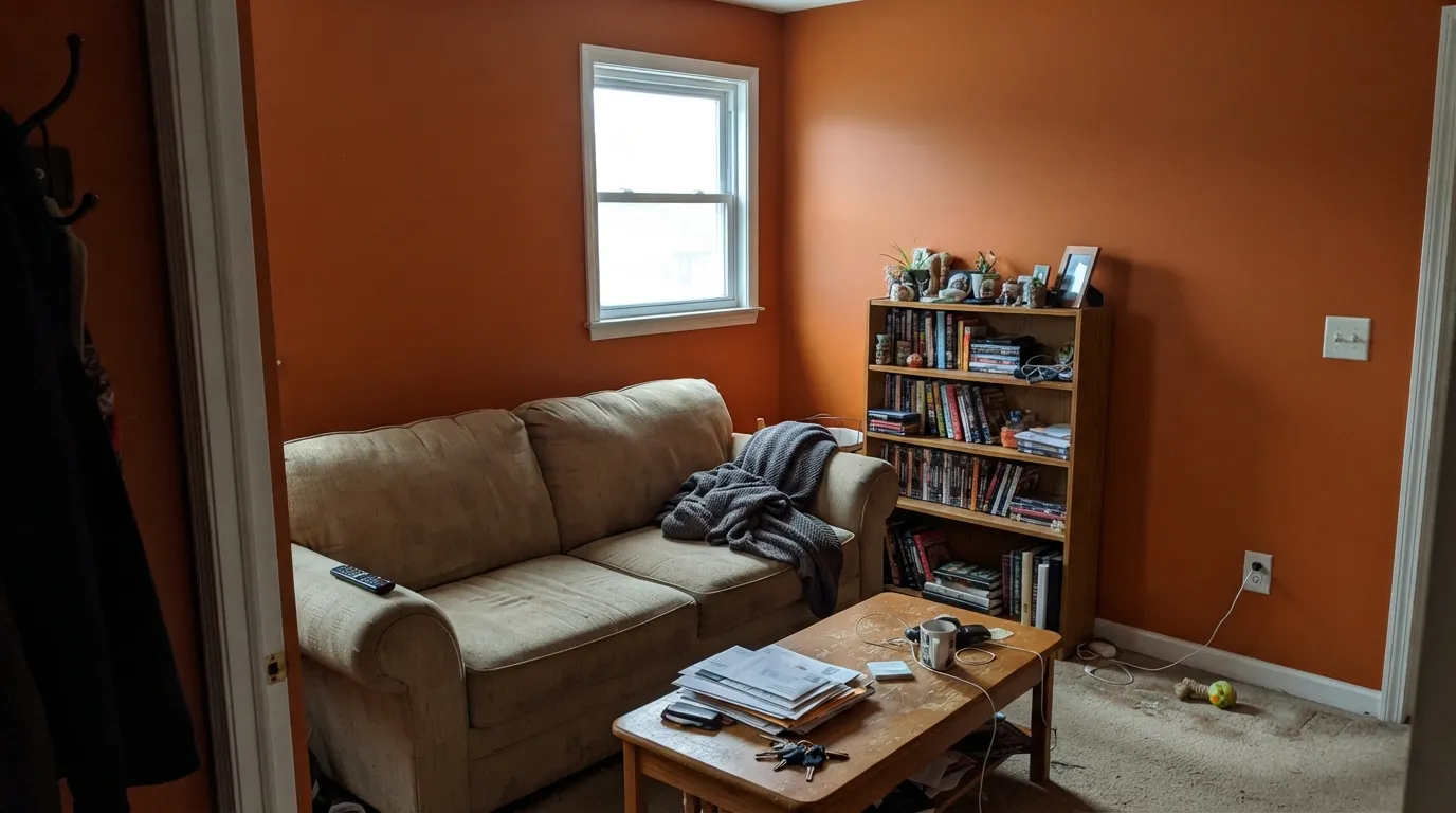 The honest shot: four walls in a dim north room, plus honey oak in the same frame. The color stops being cheerful and starts closing the room in — the exact regret in every orange thread.