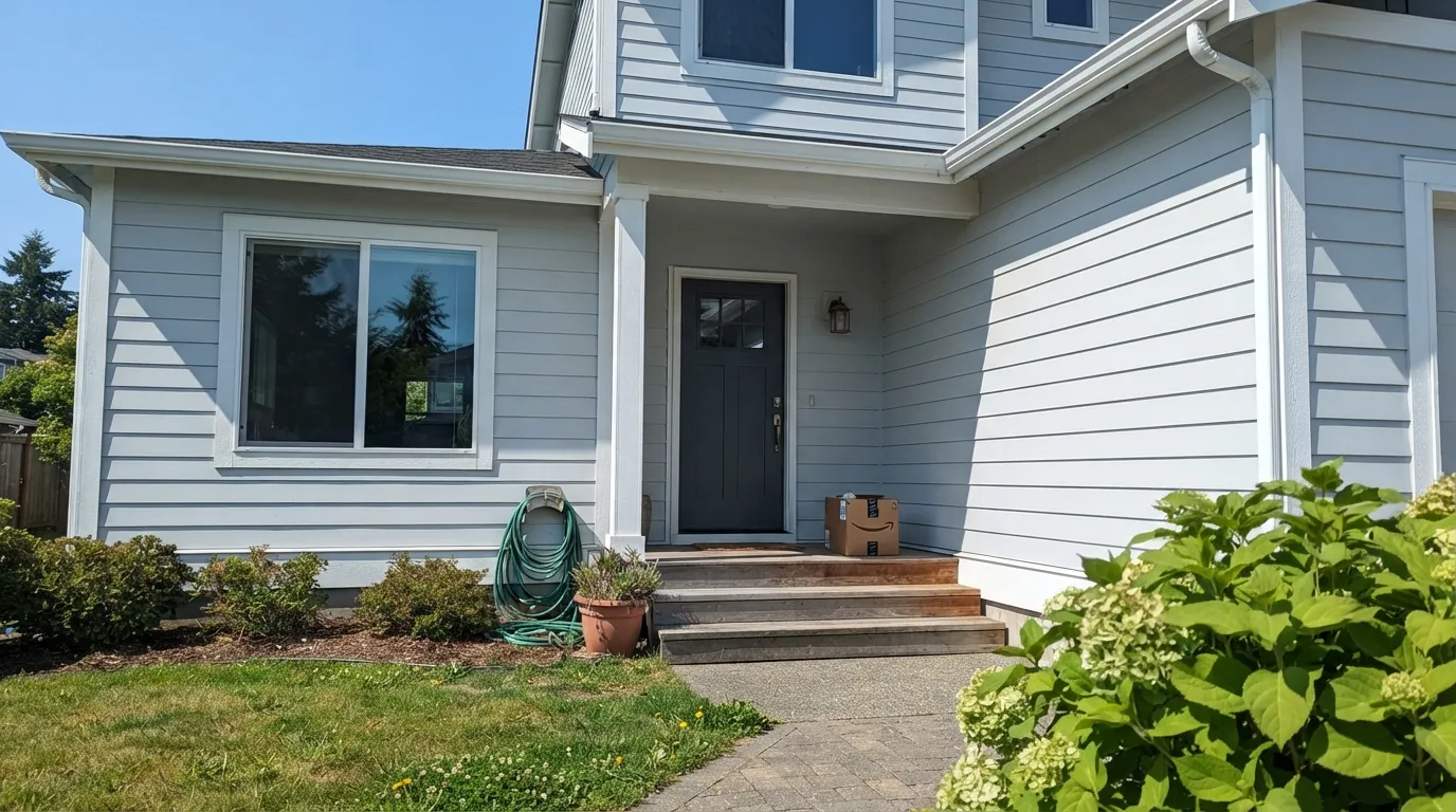 Nebulous White siding in full sun with Extra White trim and a Naval front door — the exact modern-coastal look Sherwin-Williams built this color for.