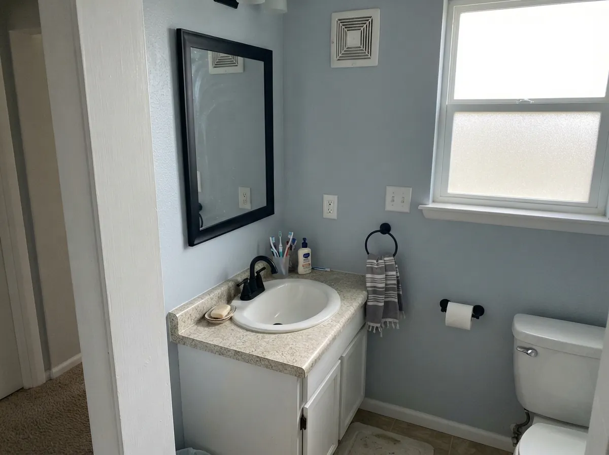 Cool white walls against matte black fixtures — the pairing where Nebulous White looks sharpest, not blue.