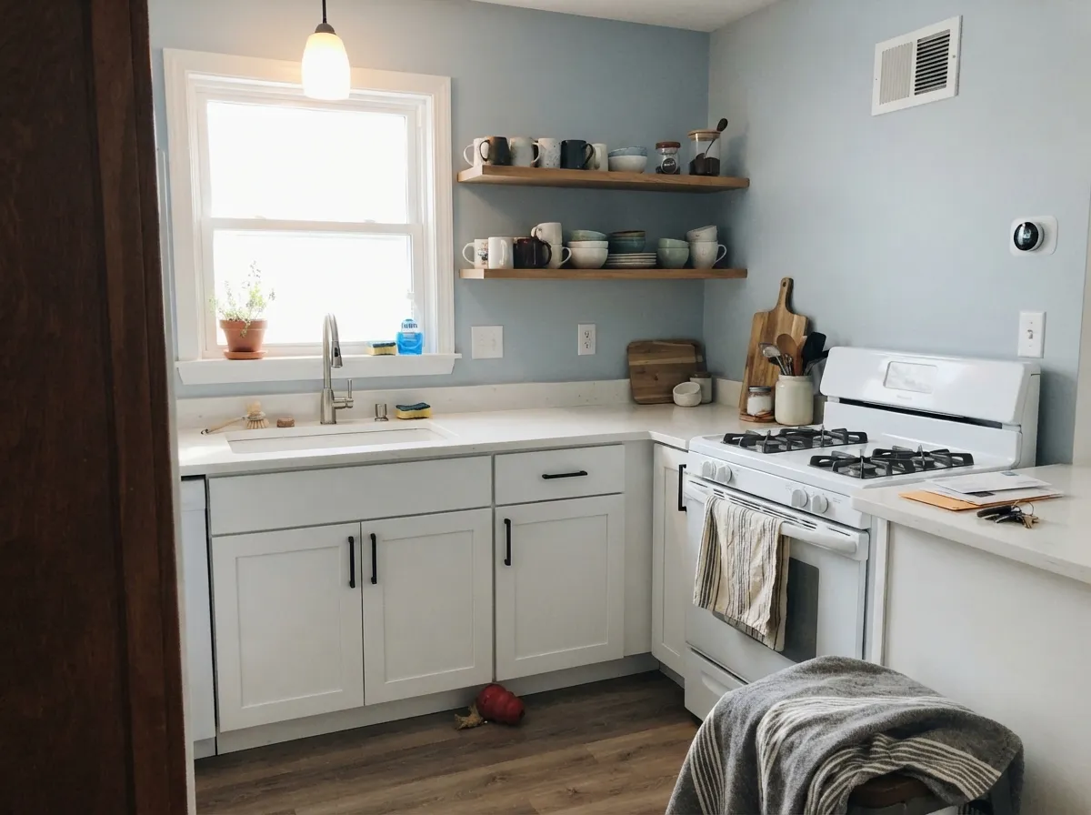 In a sunlit kitchen with cool counters and black hardware, the blue-gray base reads clean and current, not cold.