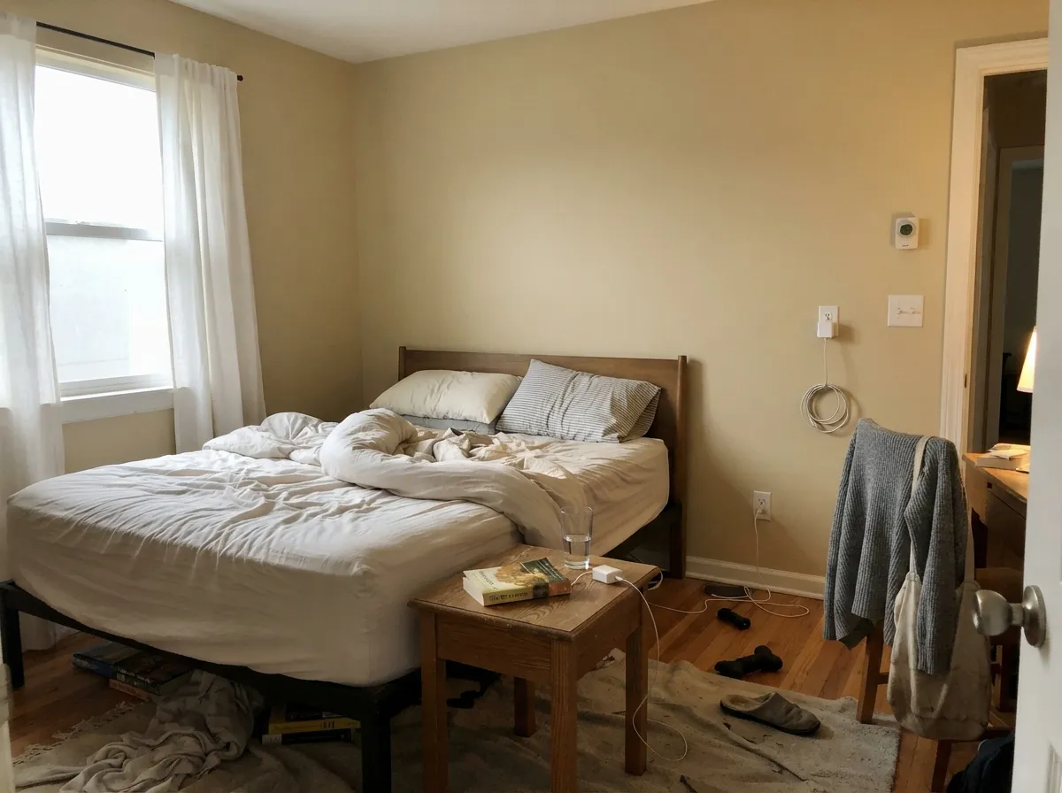 In cool north light the gold settles down and the walls read as a calm warm greige — the room where this color behaves best.