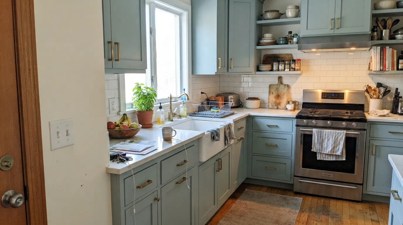 Niebla Azul on inset kitchen cabinets in real morning light — the color everyone's real-world project photos of this shade actually show.