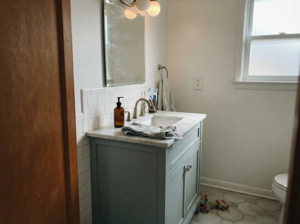 The other place this color actually shows up: a bathroom vanity, enough color to feel considered, small enough to repaint on a weekend.