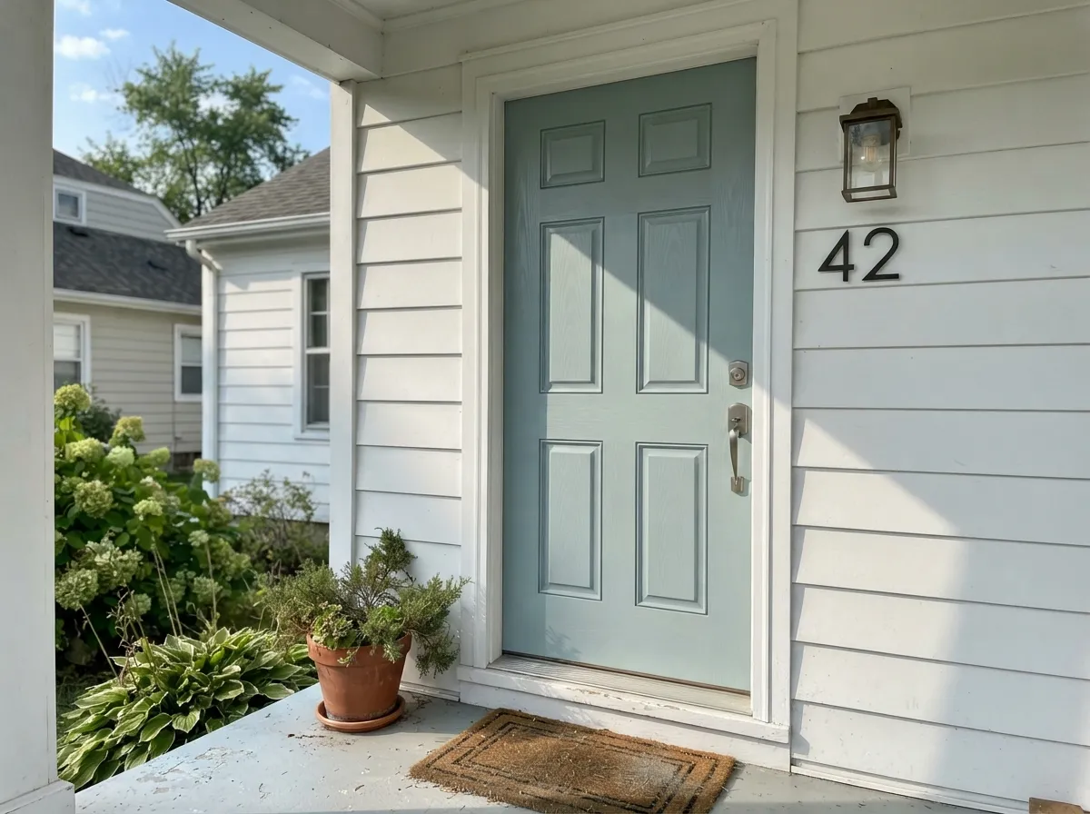 On an exterior door in full sun the blue comes forward more than it does indoors — a quiet coastal-craftsman move without committing to navy.