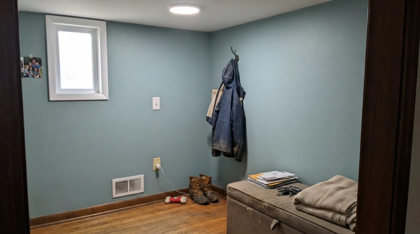 The honest shot: dim north light and a cool LED overhead drain the color to flat pond-water gray-green — the exact situation to test for before painting full walls.