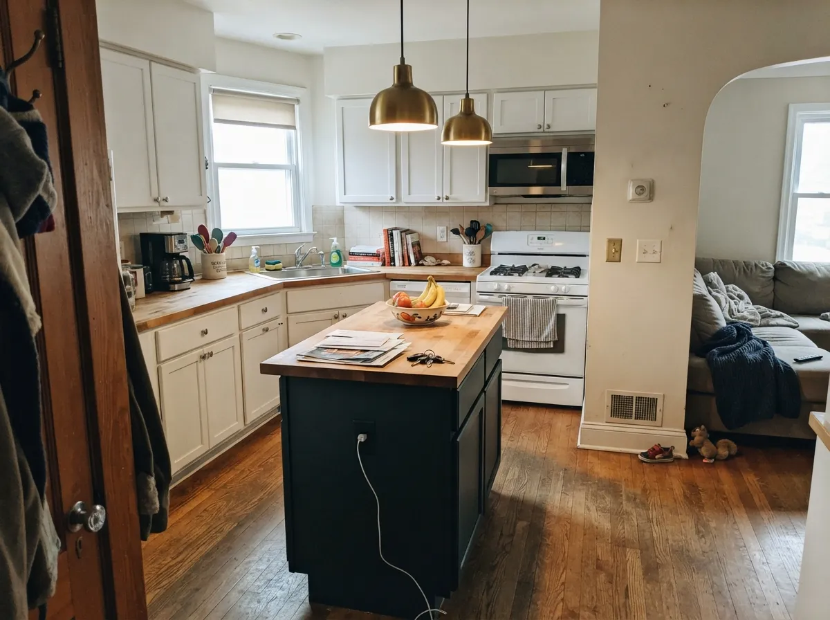 Under the pendant lights the island reads as a deliberate near-black-green, not a flat black block, against the white perimeter cabinets.