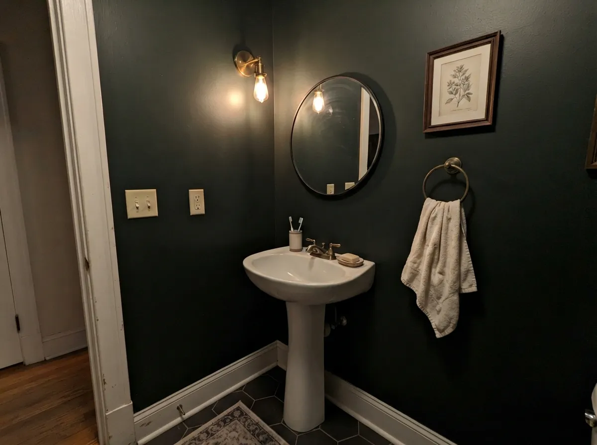 A small room with a real light fixture is the jewel-box move — the sconce does the work of keeping the color from going flat.