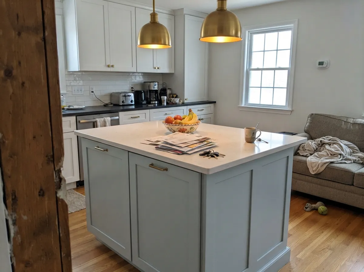 On an island under white cabinets, with brass hardware, it does its best work as an accent rather than a whole-kitchen commitment.