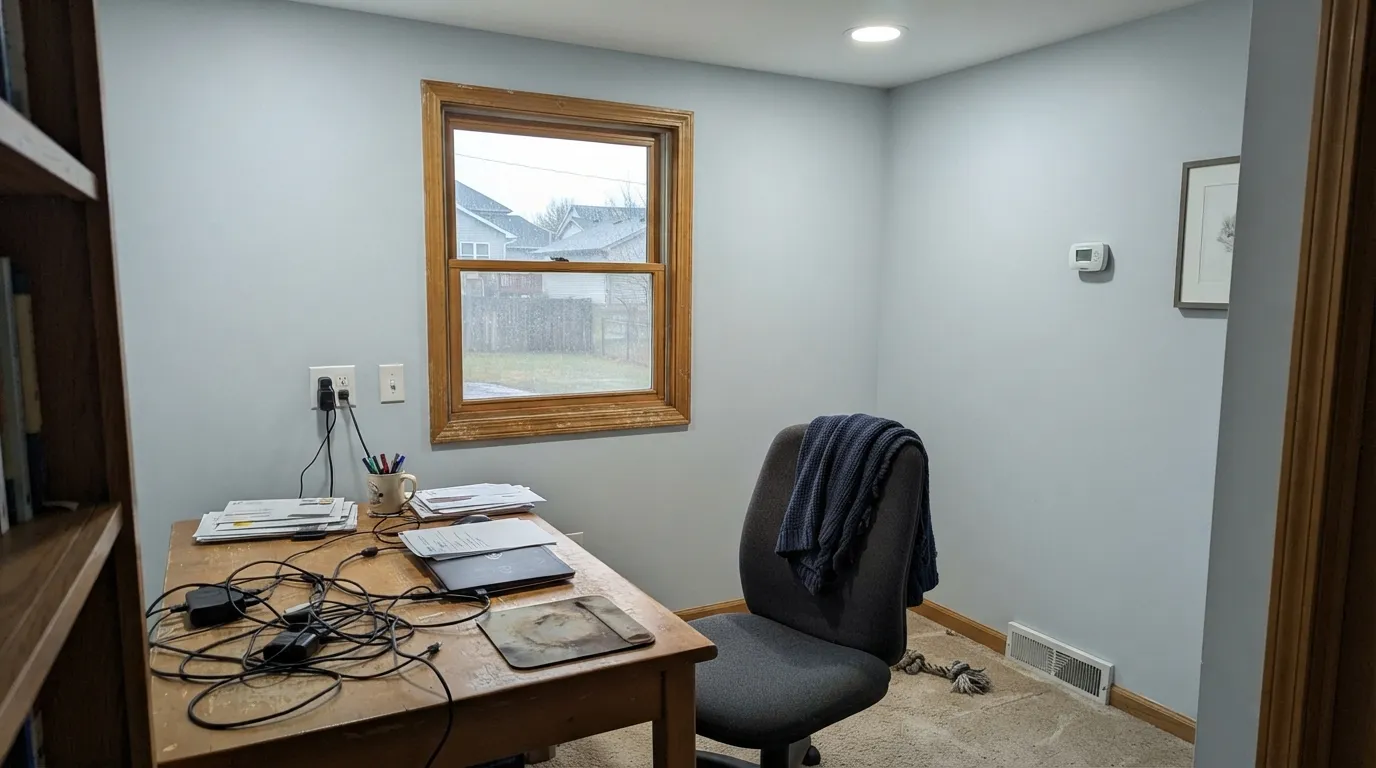 The honest shot: cool light, no lamps, and honey-oak trim together drain the blue out completely — this is the "it's just gray" complaint in one photo.
