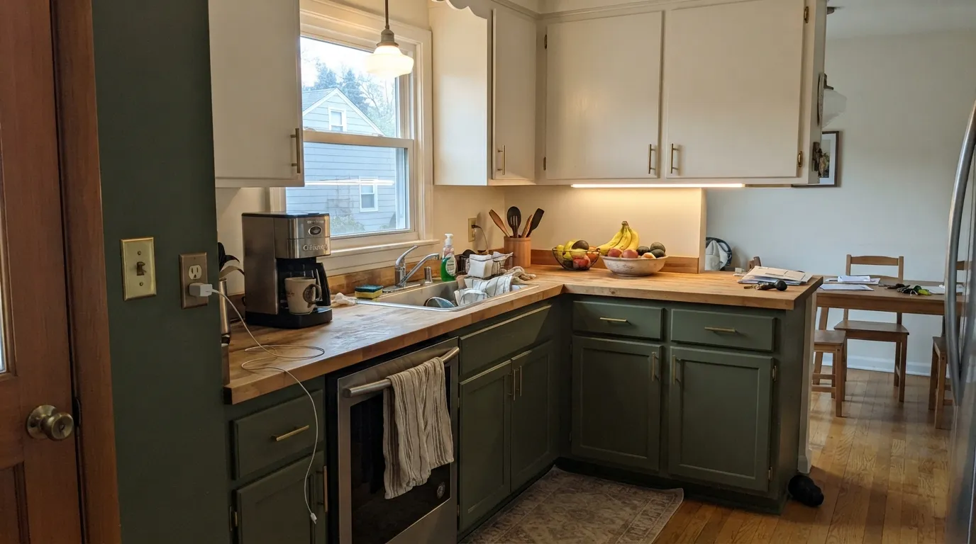 Oakmoss on the lower cabinets, in the light it needs — the green is unmistakable against the bright white uppers, not black, not brown.
