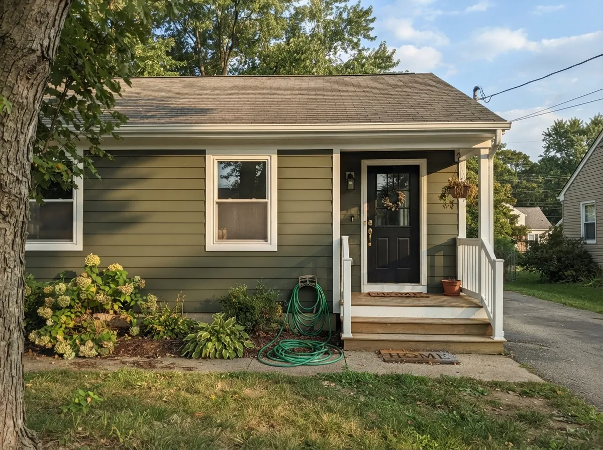 Full outdoor daylight is this color's best light — the moss green reads confident against white trim instead of reading as a black house.