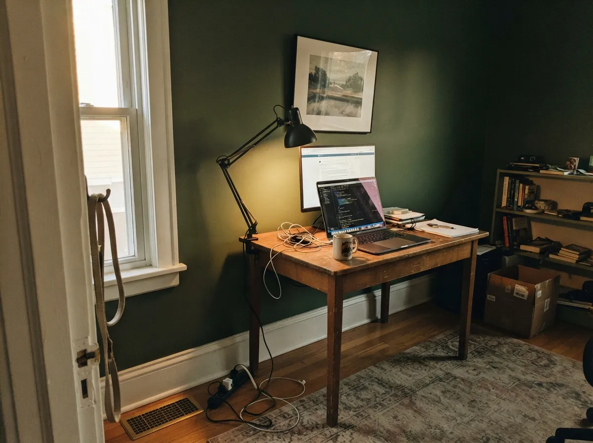 As a single accent wall with a warm desk lamp, the green stays visible after sunset instead of dropping to black.