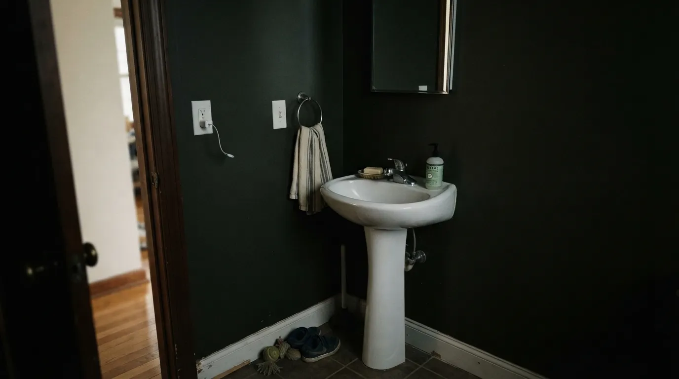 The honest shot: no window, no daylight, and the moss green disappears into flat near-black — the single biggest regret with this color, and it's entirely avoidable by testing the sample after dark first.