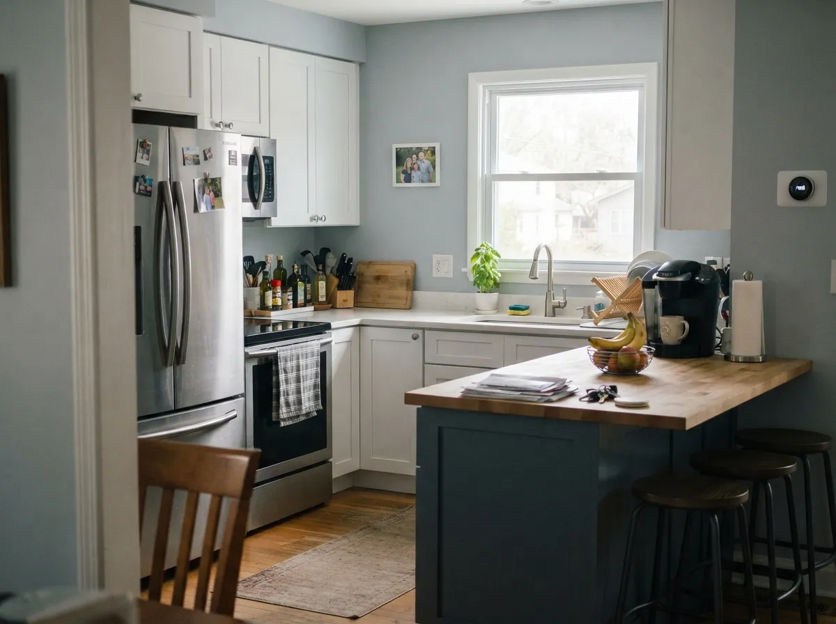 With white quartz, stainless and a darker blue-gray island, the cool cast reads modern and deliberate — its strongest room.