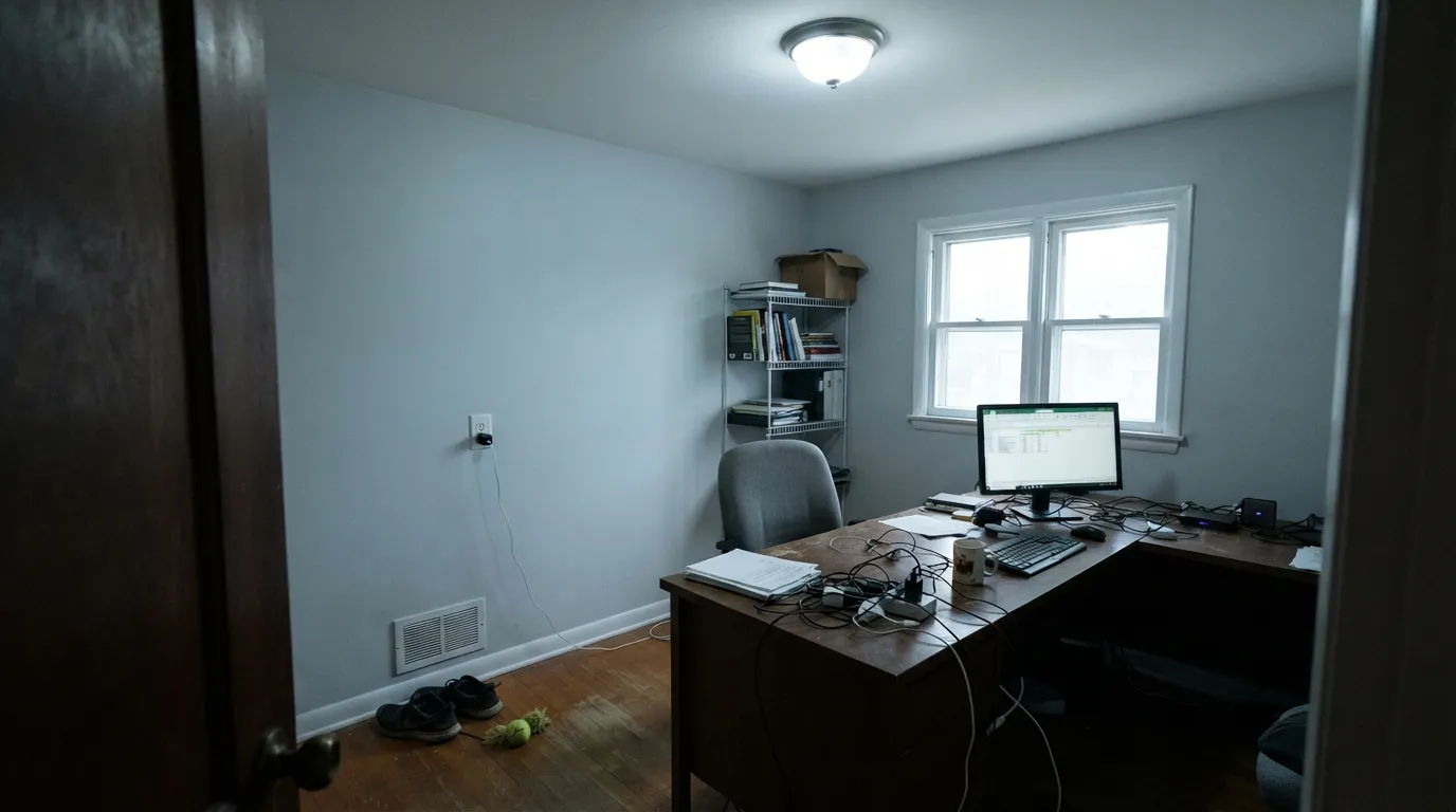 The honest shot: dim north light with no warm lamp strips out the gray and leaves plain light blue — the exact 'I didn't order blue walls' complaint.