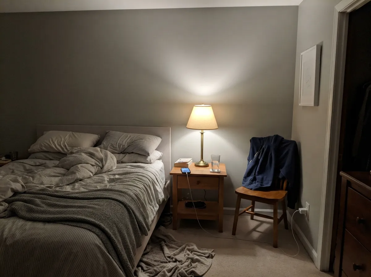 Under a 2700K lamp at night the violet undertone comes forward and the wall turns a soft, cozy taupe-gray — the room's warmest, most flattering read.
