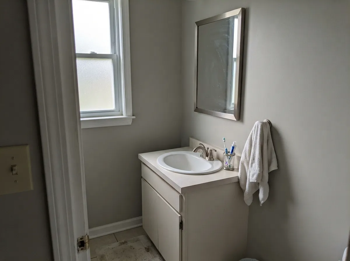 On a bright bathroom wall with cool fixtures it settles into its cleanest, most true-gray mood — quiet, not showy.