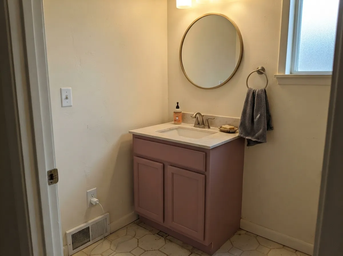 The classic small-commitment move: a single vanity carries the color while cream walls keep the little room feeling airy.