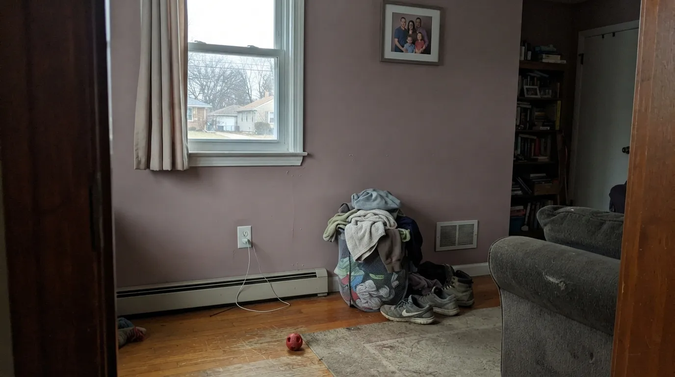 The honest shot: cool north daylight with no warm bulbs drains the color into a flat, muddy mauve-gray — the situation behind every "looked pink on the chip, gray on the wall" complaint.