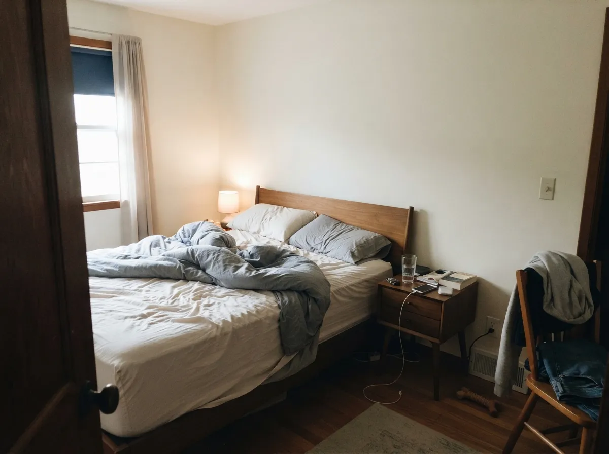 In a small bedroom under morning light it stays soft and creamy without ever reading as beige.