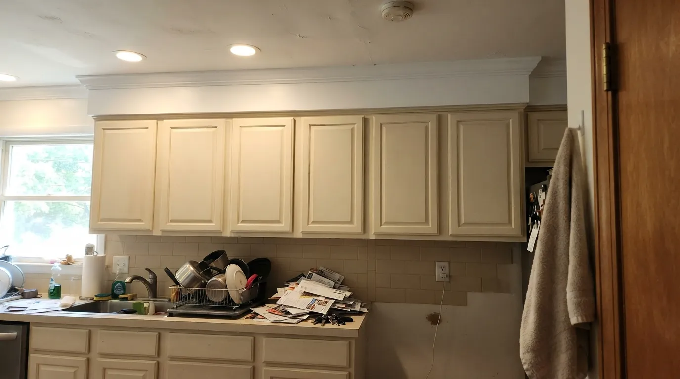 The honest shot: under bright white crown and ceiling, the same cabinets read dingy — the number one complaint about this color.