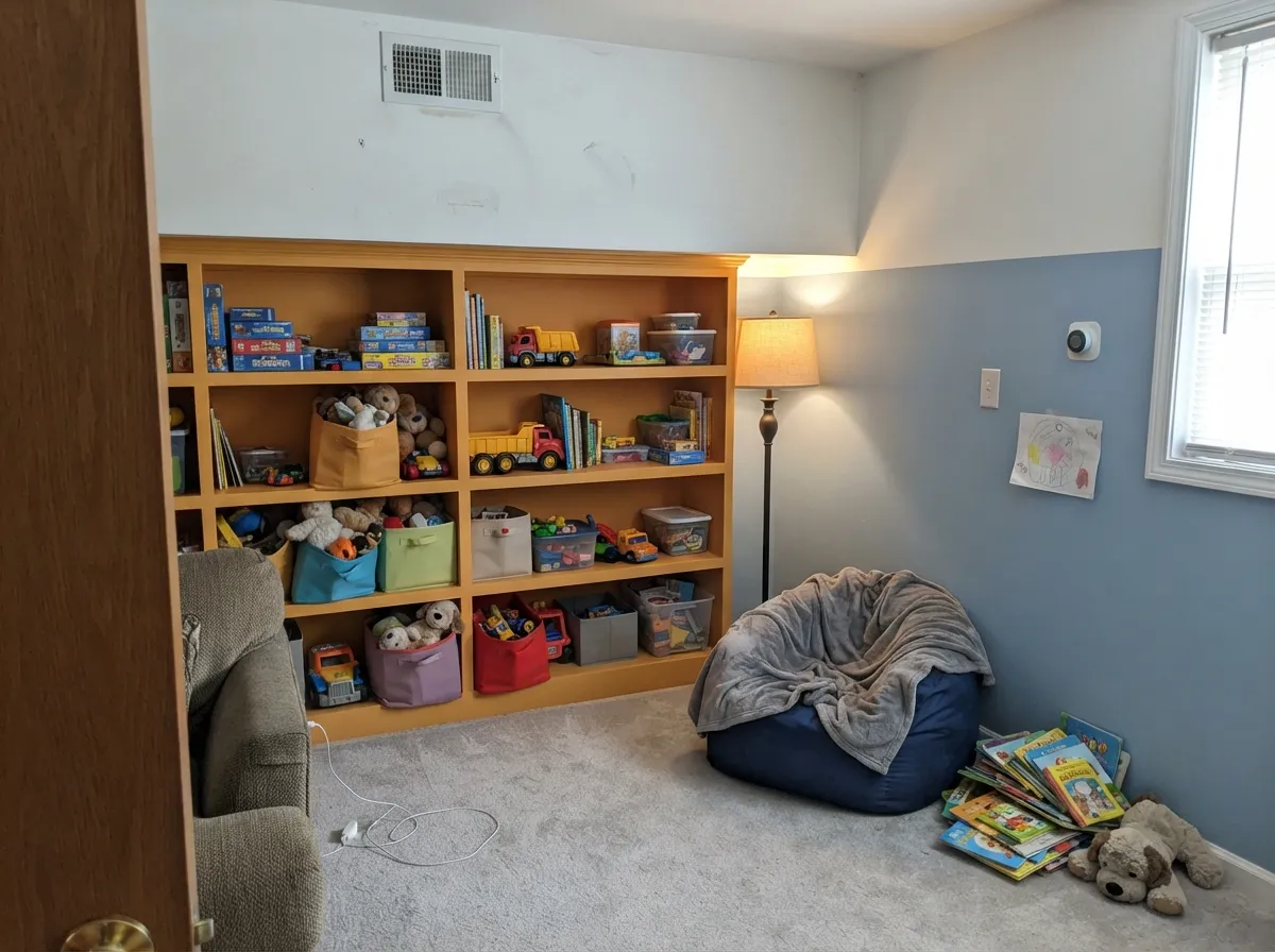On built-ins and shelf backs the color does its best work — and a soft blue nook keeps the whole corner from going one temperature.